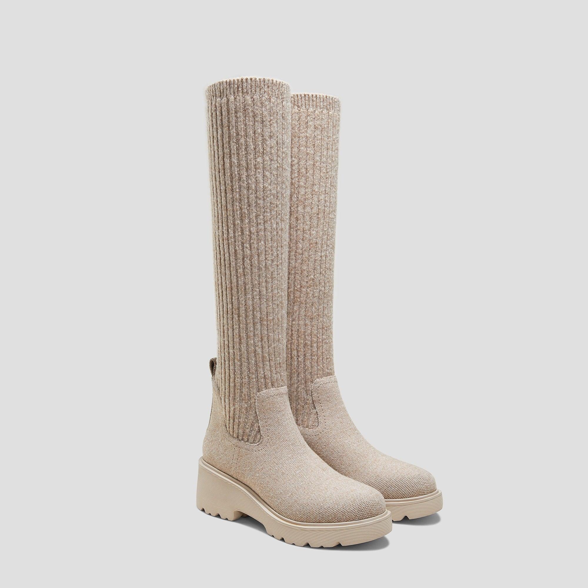[Eduarda] Round toe Water Repellent Knee High Platform Chunky Wedge Boots