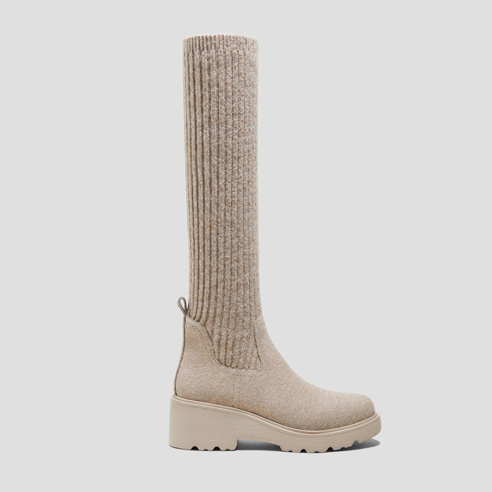 [Eduarda] Round toe Water Repellent Knee High Platform Chunky Wedge Boots